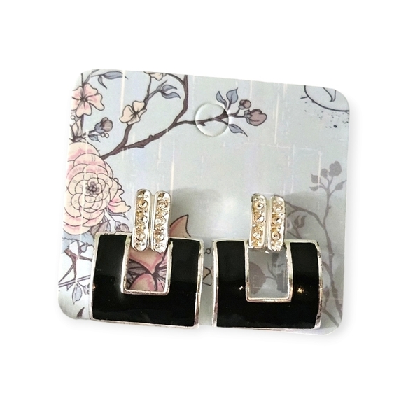 Vintage Black Enamel Crystal Square Dangle Earrings - Picture 1 of 7